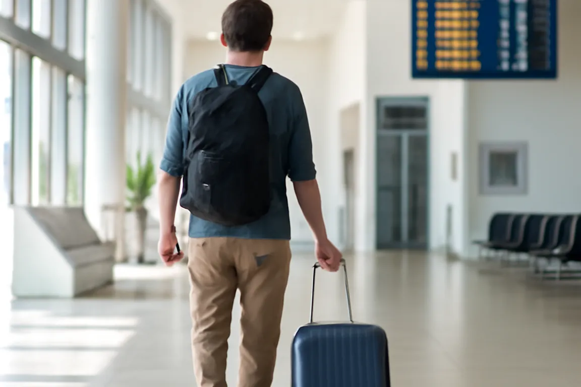 Voyageur a l’aeroport avec sa valise avant un depart en Croatie