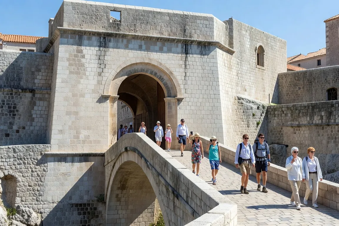 Porte Pile et remparts de la vieille ville de Dubrovnik au petit matin