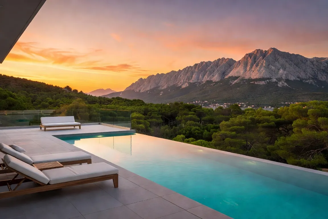 Villa avec piscine et terrasse sur la Riviera de Makarska en fin de journée