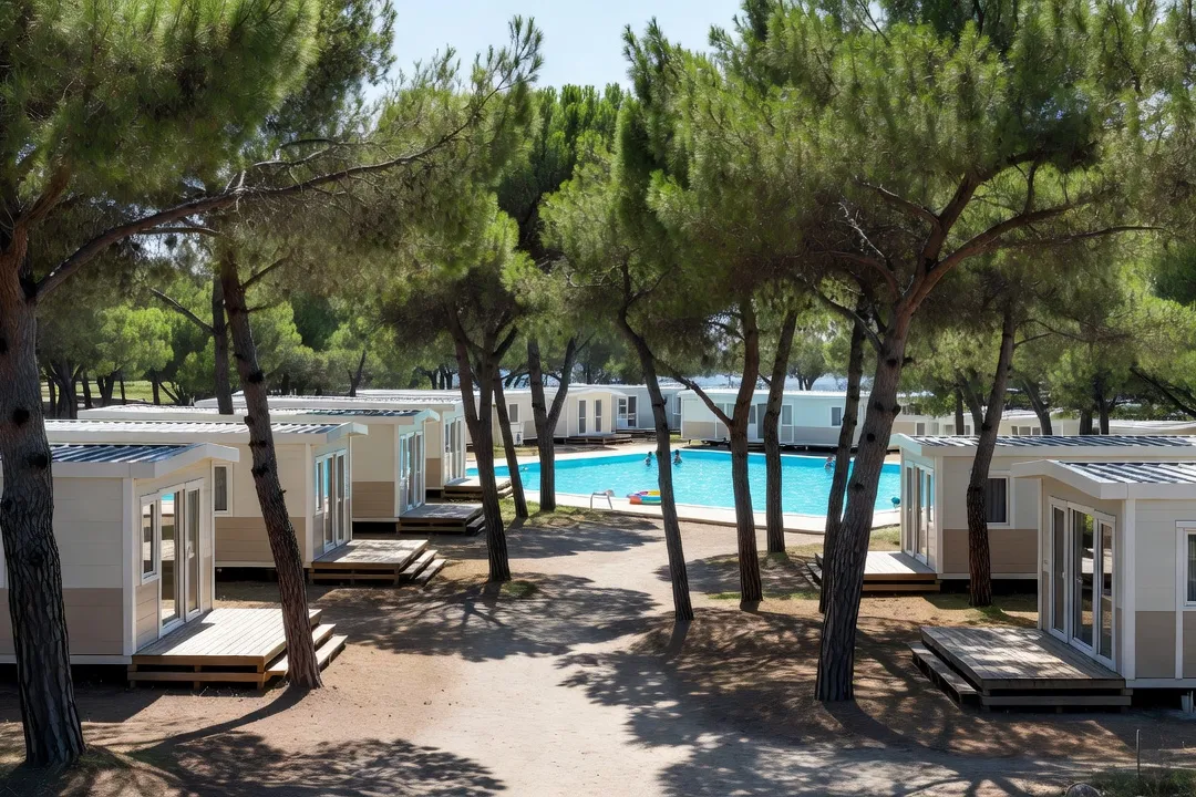 Rangees de mobil-homes ombrages par des pins dans un camping familial en Croatie