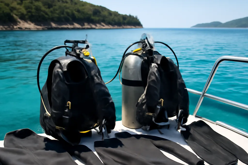 Équipement de plongée sous-marine posé sur le pont d’un bateau en Croatie