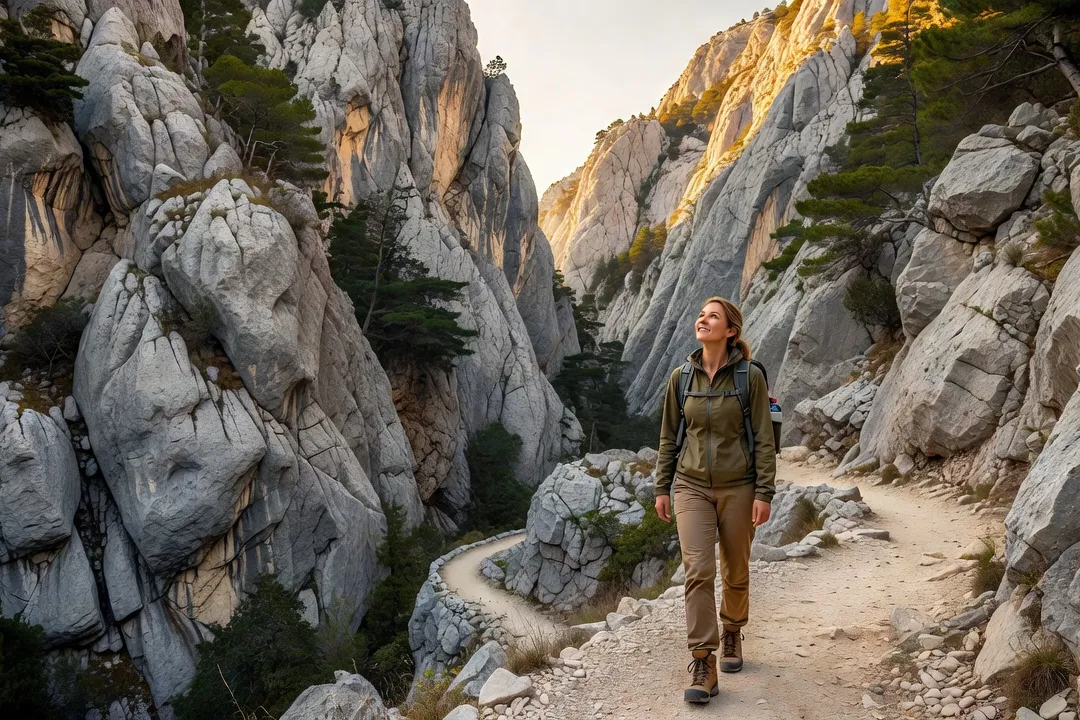 Randonneuse sur un sentier du canyon de Paklenica en Croatie