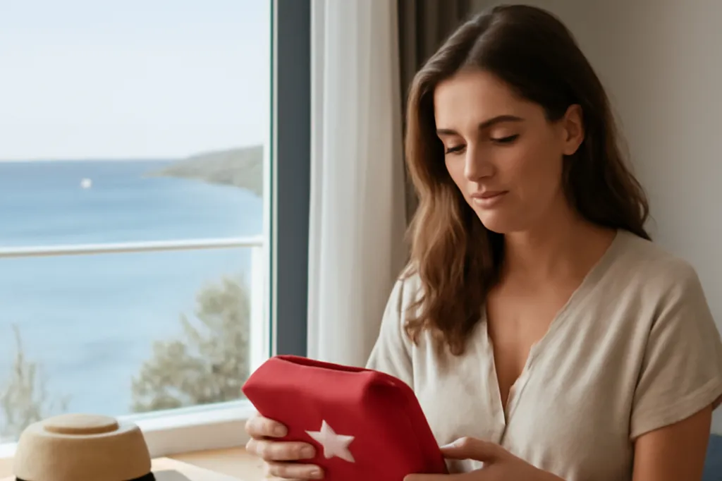 Femme préparant une trousse de premiers secours dans un appartement en location avec vue sur l’Adriatique