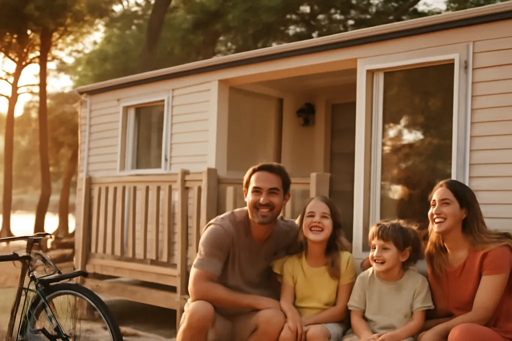Famille souriante devant un mobil-home dans un camping en Croatie au coucher du soleil