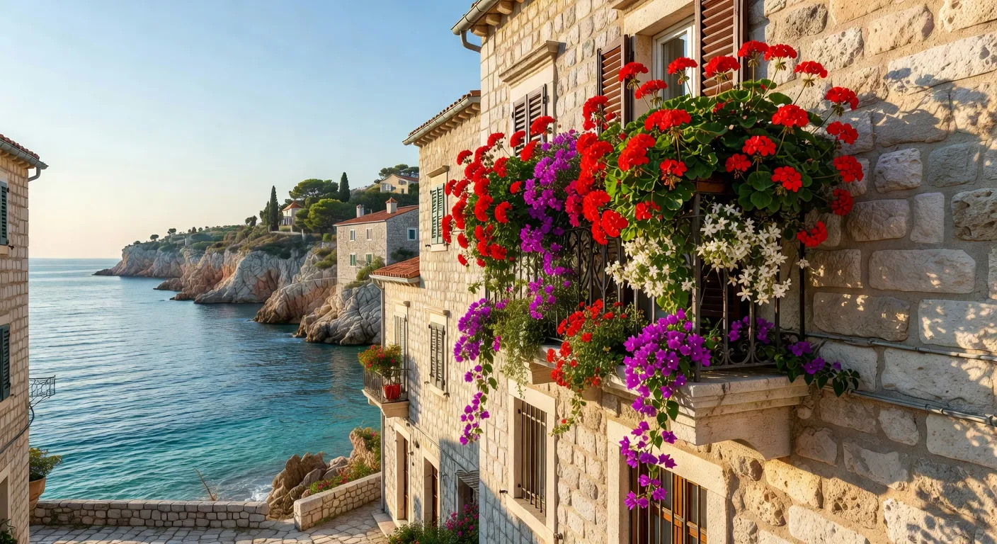 Appartement en pierre avec balcon fleuri sur l'Adriatique