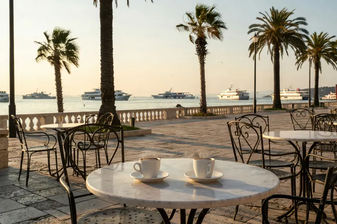 Cafe en terrasse a Split avec ambiance dalmate et conversation animee
