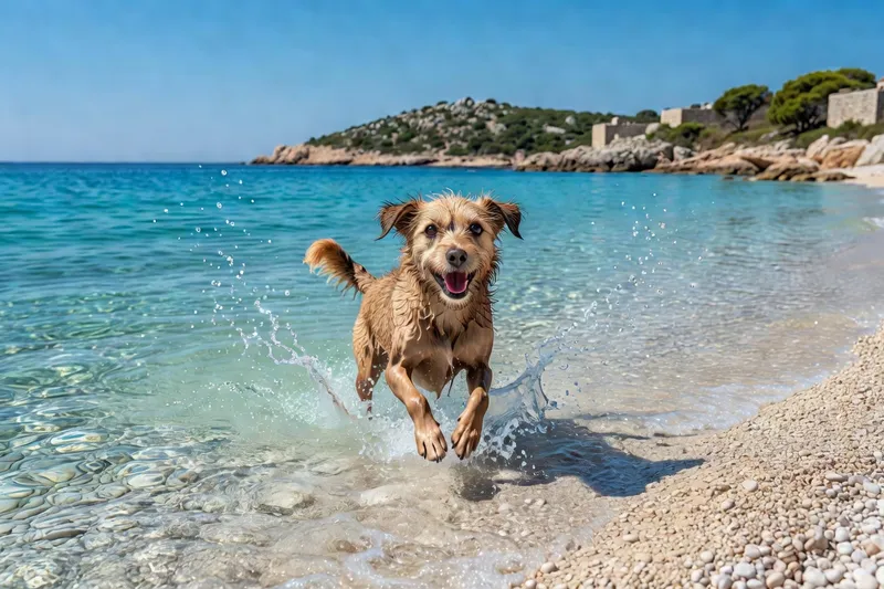 Chien sur une plage rocheuse en Croatie avec vue sur la mer Adriatique