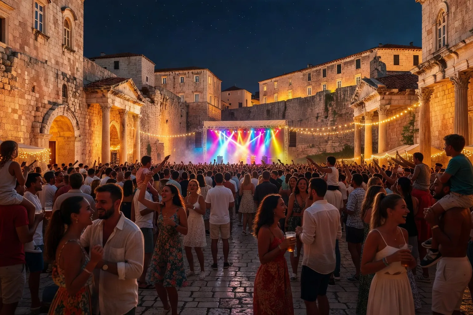 Festival d'ete a Split avec scene en plein air et public en soiree