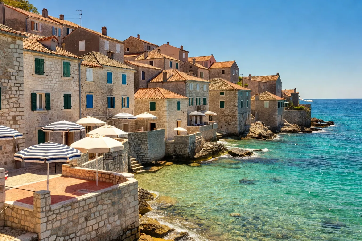 Plage croate animee en juillet avec parasols et activites estivales