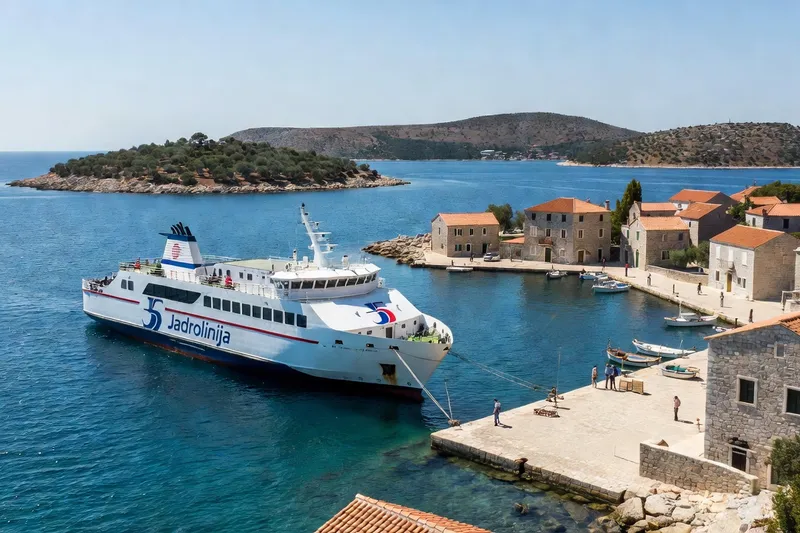 Ferry traversant la mer Adriatique vers une île croate avec passagers à bord