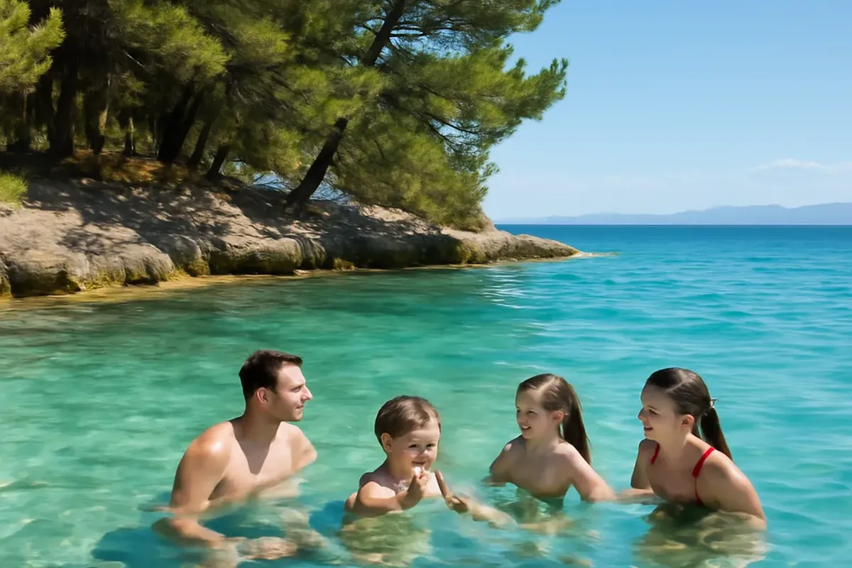 Plage de galets à Jelsa, famille, eau cristalline et pins maritimes