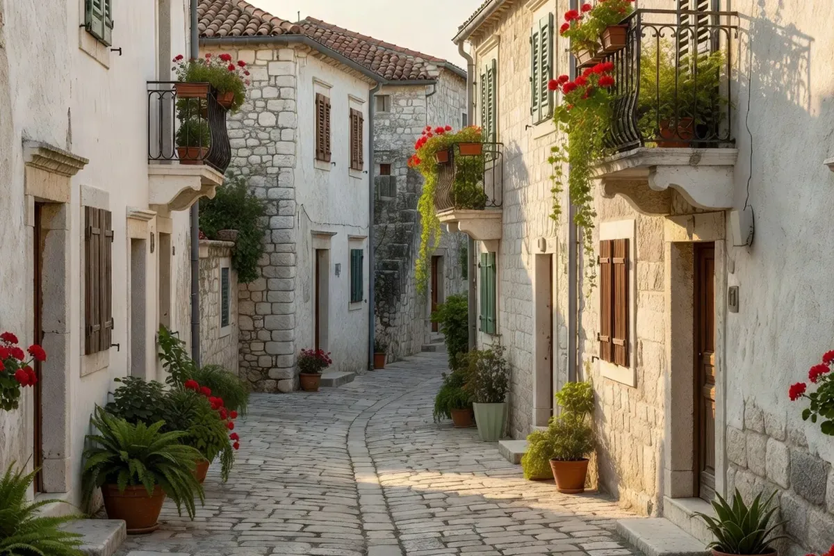 Ruelle médiévale de Stari Grad, pierres blanches et bougainvilliers