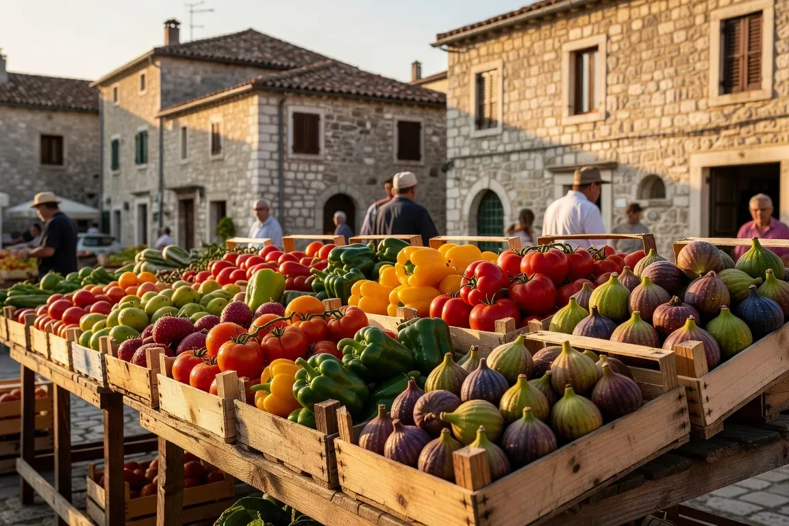Marche local croate avec etals colores et touristes en sejour de location
