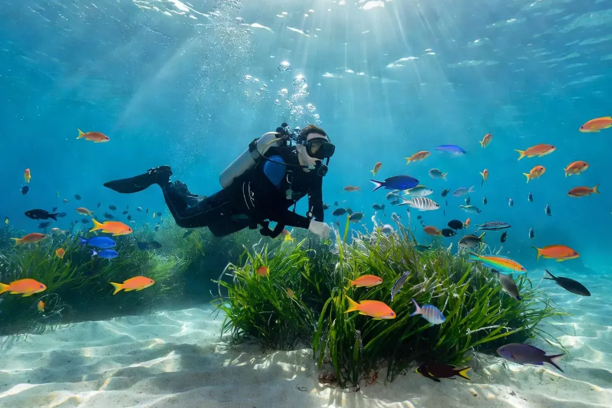 Plongeur sous-marin en Croatie, fonds marins colorés