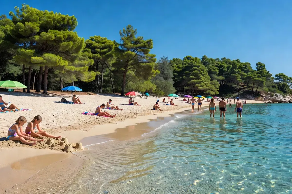 Plage de Solaris près de Šibenik, eau turquoise et pins maritimes