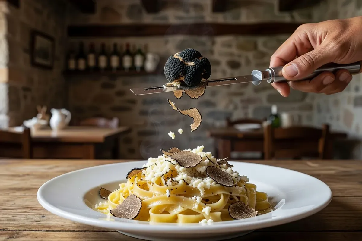Assiette de pâtes fuži aux truffes noires d'Istrie
