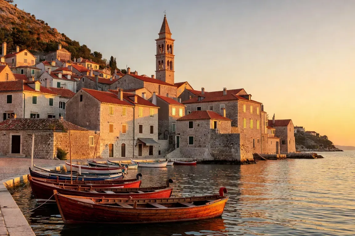 Vieille ville istrienne aux toits orange avec port et bateaux