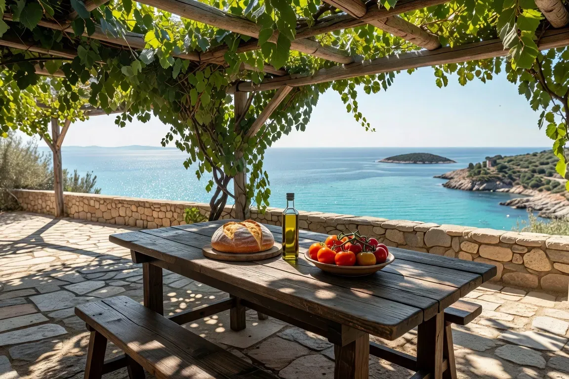 Terrasse de villa dalmate avec table dressee et vue sur la cote adriatique
