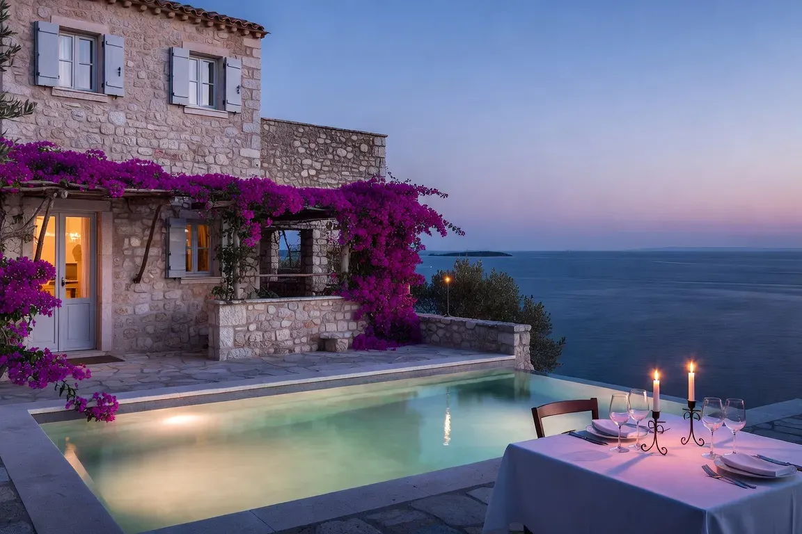 Villa dalmate avec piscine et vue mer en debut de soiree