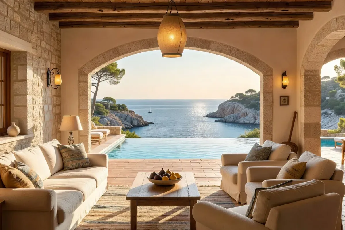 Intérieur lumineux d'une villa de location en Dalmatie, terrasse vue mer