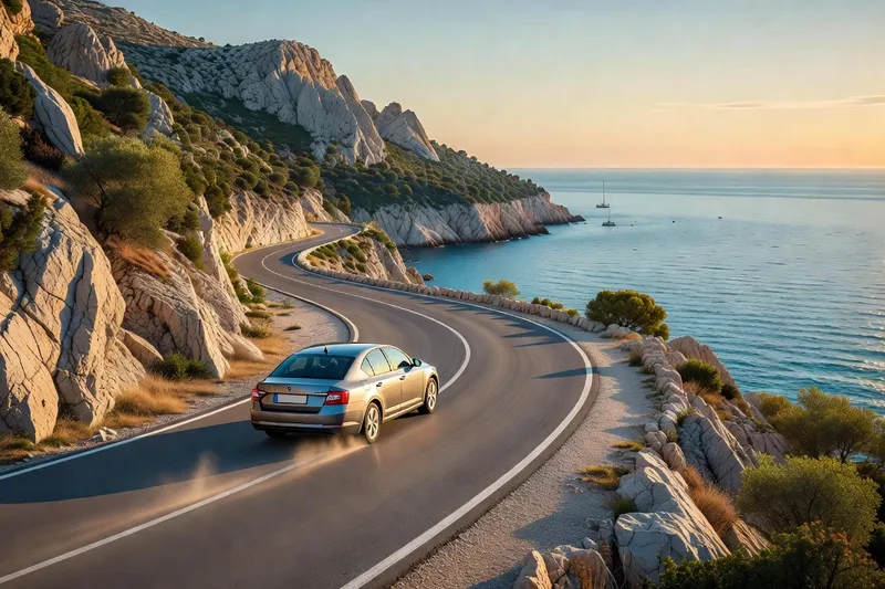 Route côtière en Croatie avec voiture de location traversant un paysage méditerranéen