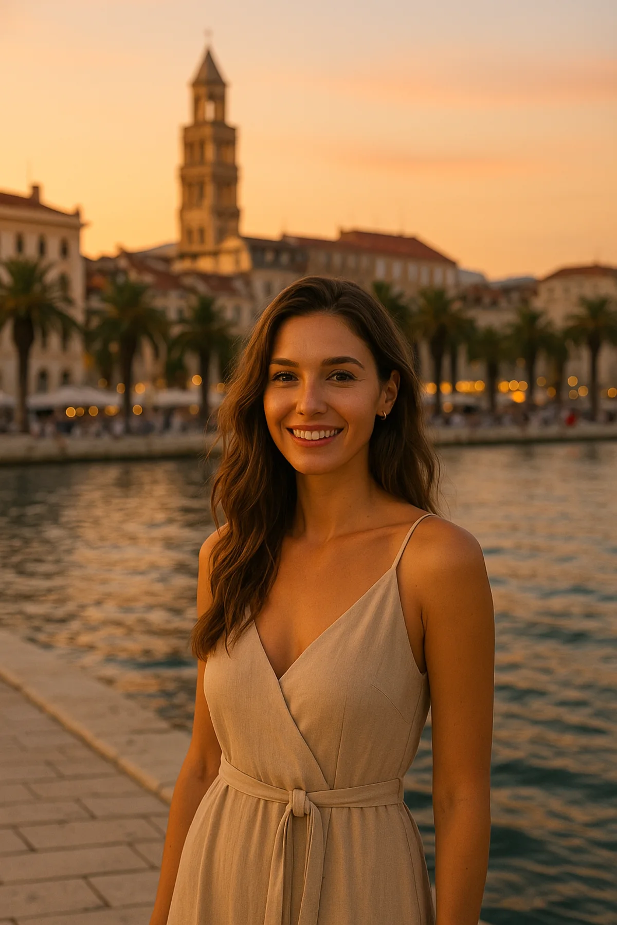 Femme croate souriante sur le front de mer de Split au coucher du soleil